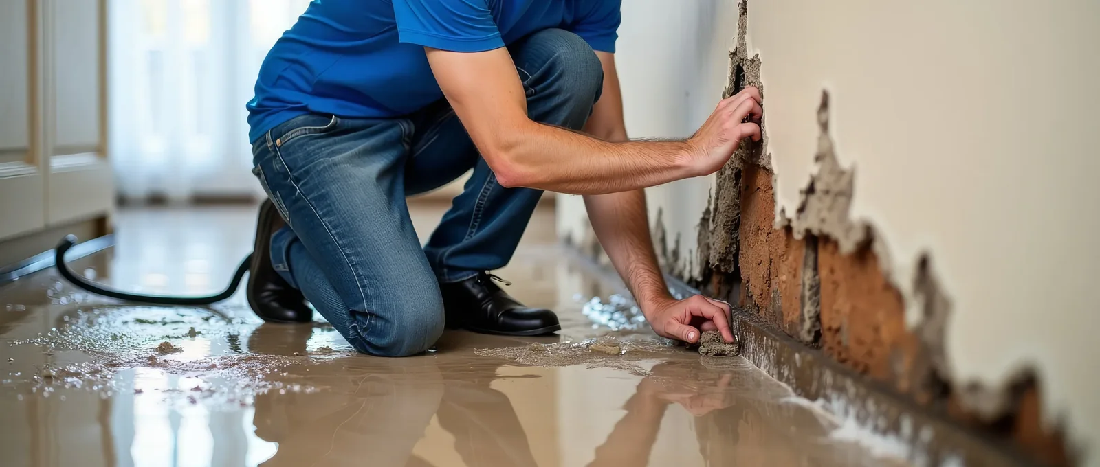 Water-damaged wall and wet floor in a Draper home